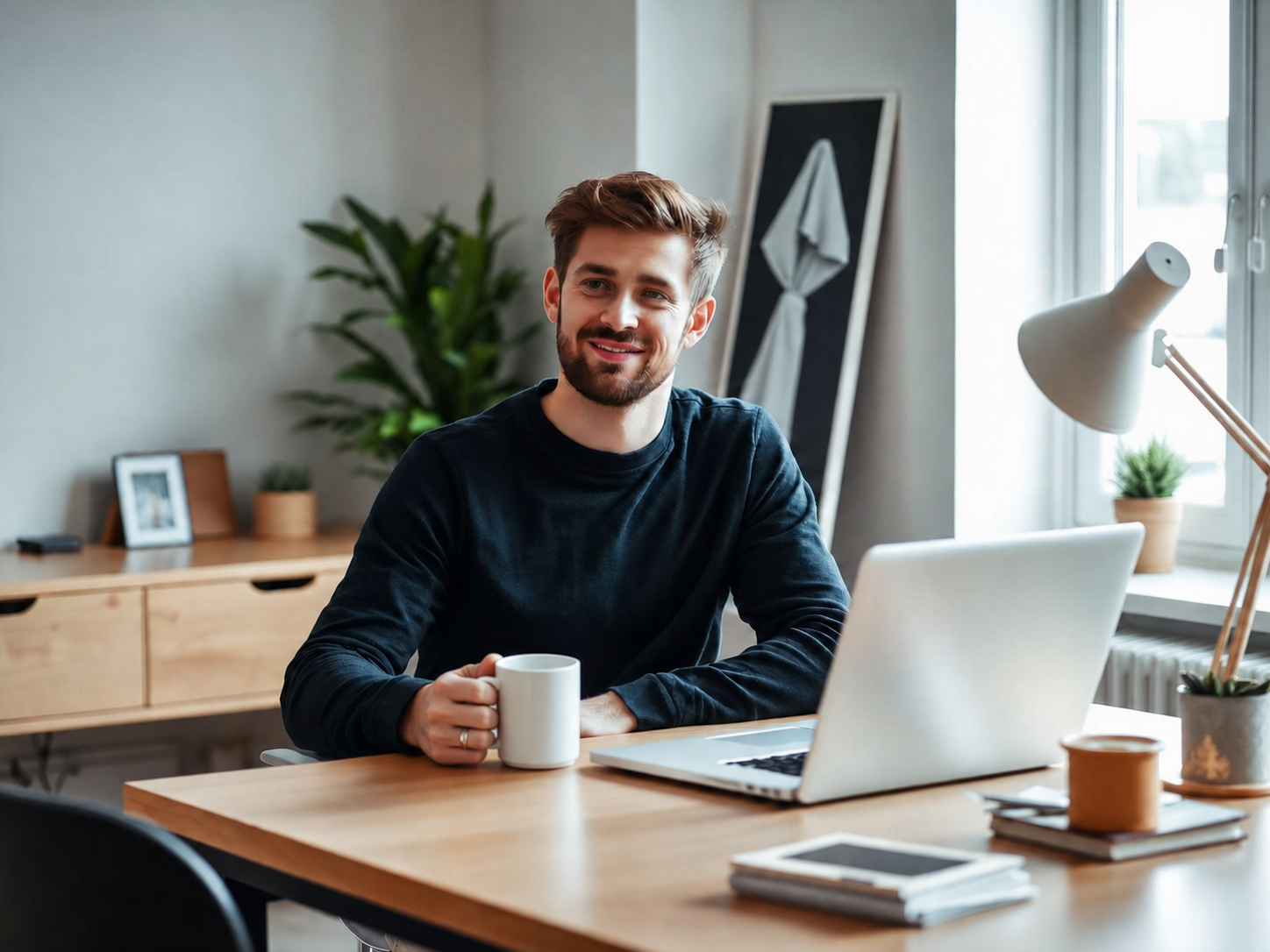 Ondernemer aan bureau met koffie