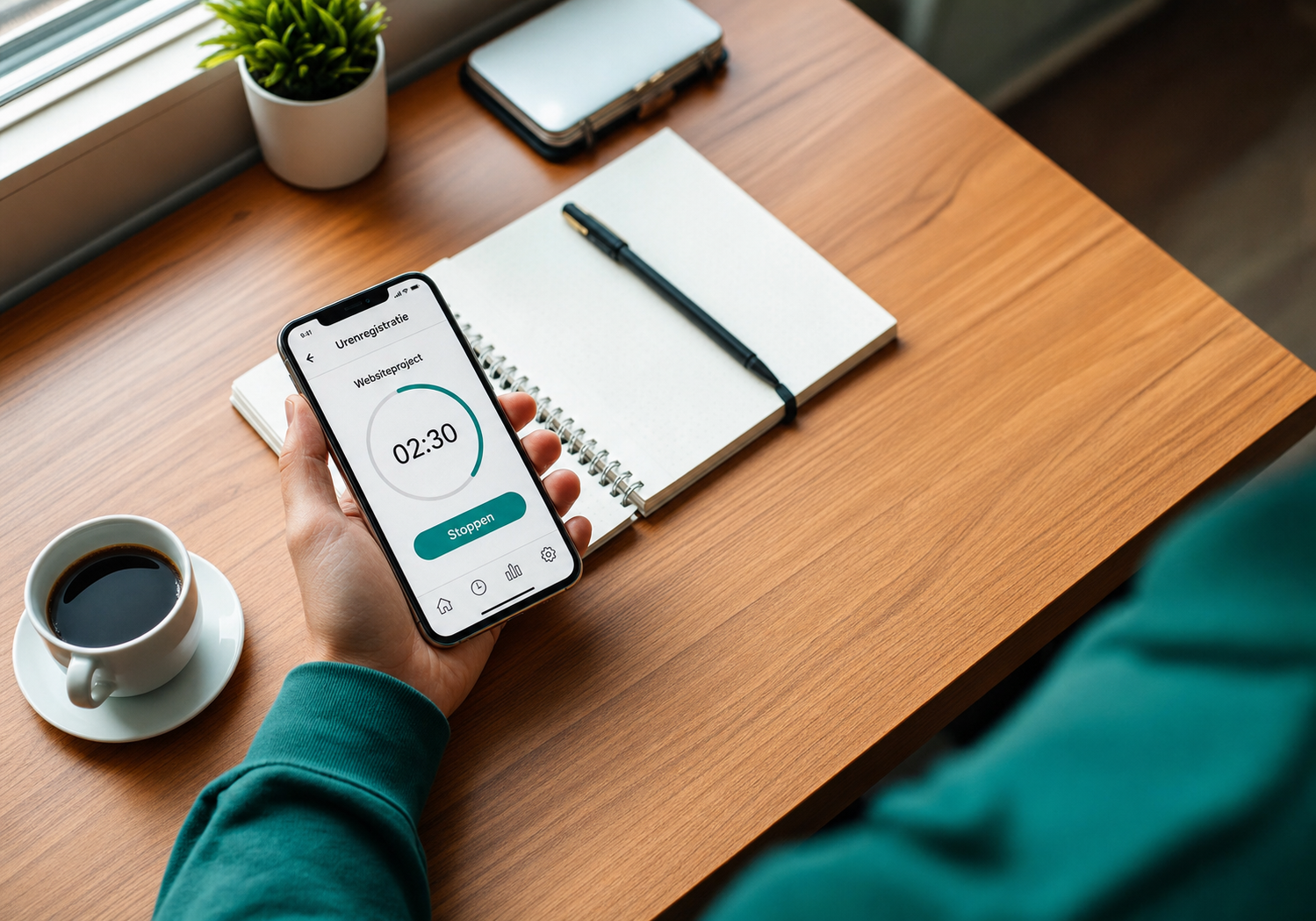 Ondernemer registreert uren op smartphone